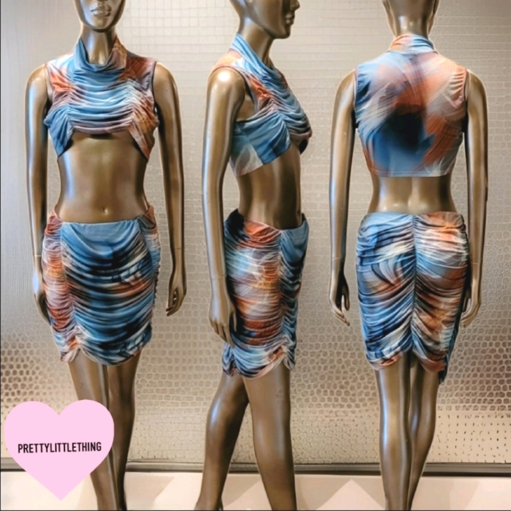 NWT Blue Flame Printed Slinky Sleeveless Crop Top & Ruched Mini Skirt Set Sz 8